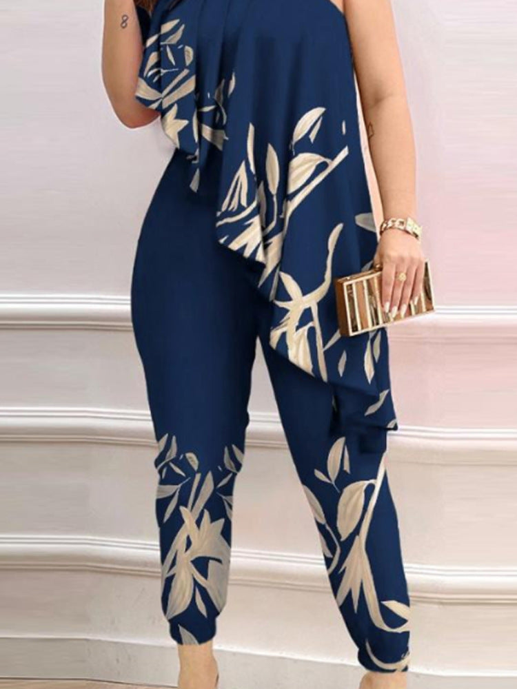 Women’s Printed One-Shoulder Ruffled Jumpsuit – Elegant Statement Piece