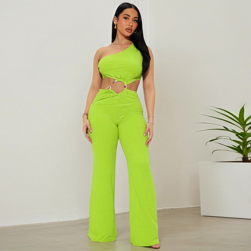 Lace-Up Hollow-Out Diagonal Neck Jumpsuit with Pleated Stitch Detail