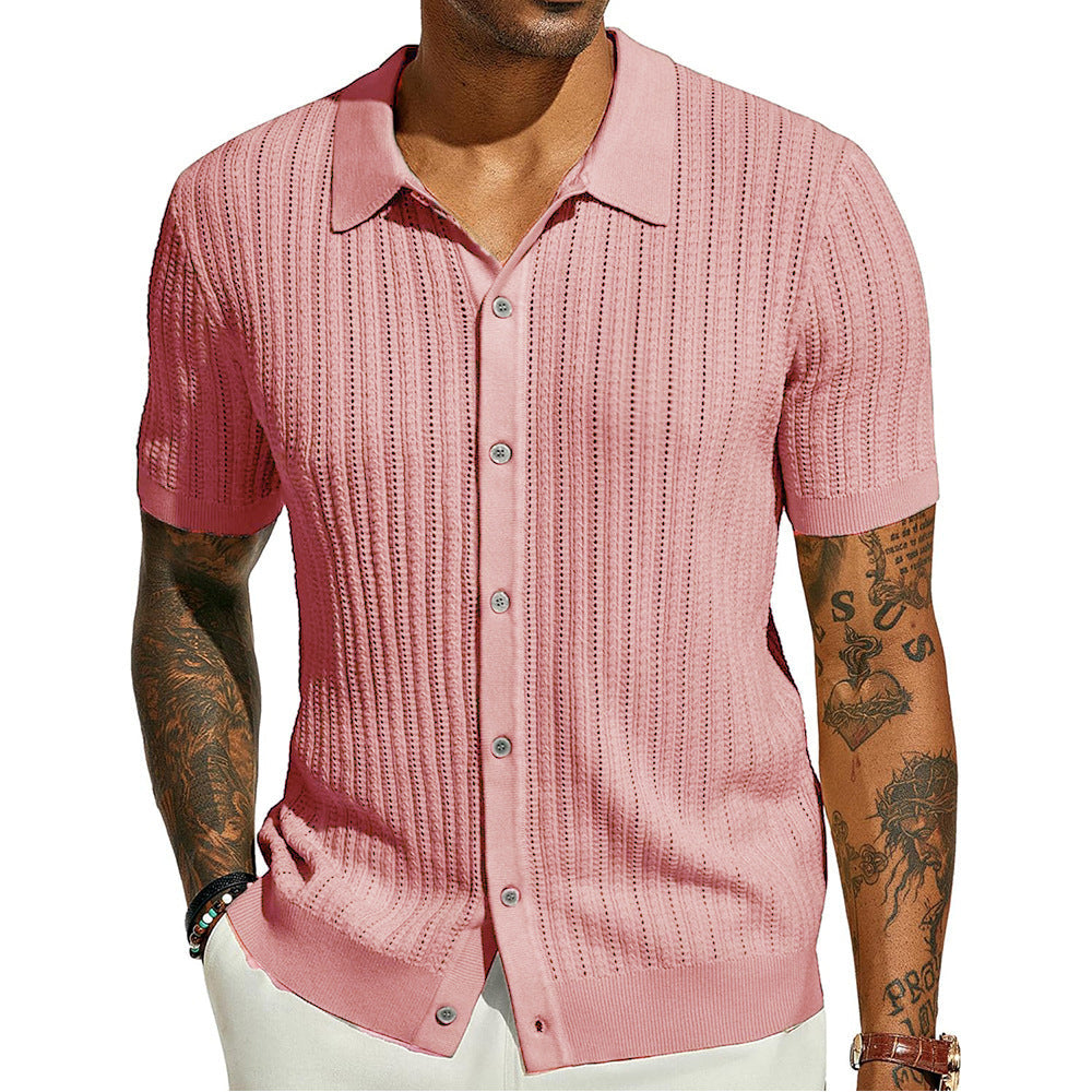 Summer Cool Knitted Men's Shirt Short Sleeved Lapel Solid Color