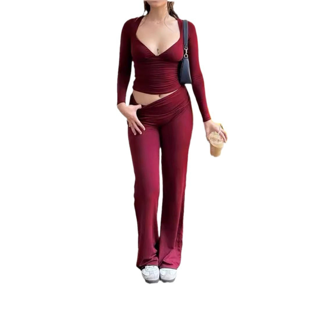 Leisure Wide Leg Sports High-waist Quick-drying Hip Raise Skinny Bell-bottom Pants Suit