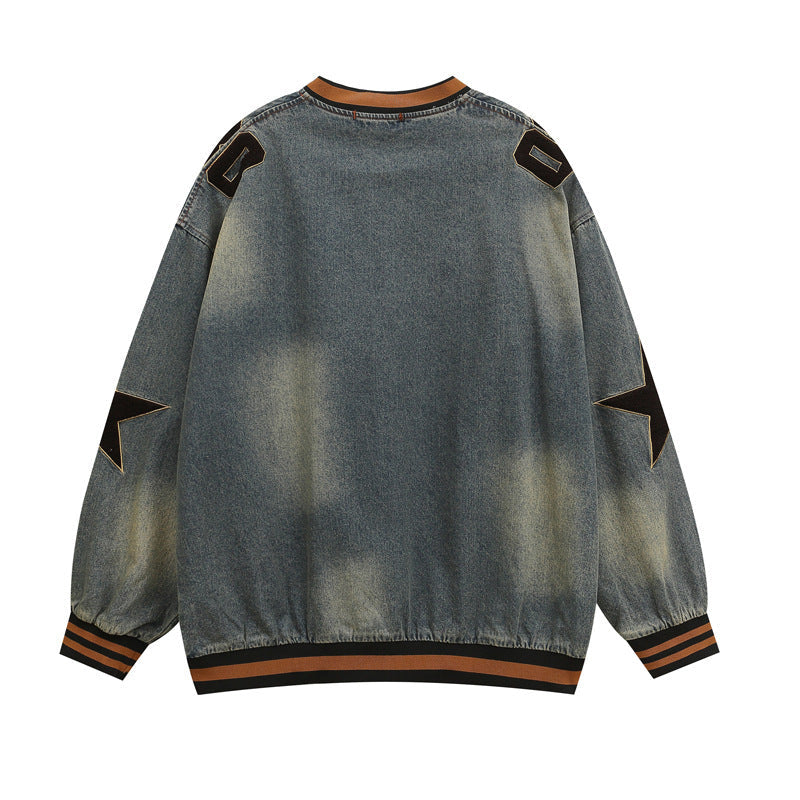 Denim V-Neck Star Letter Sweater