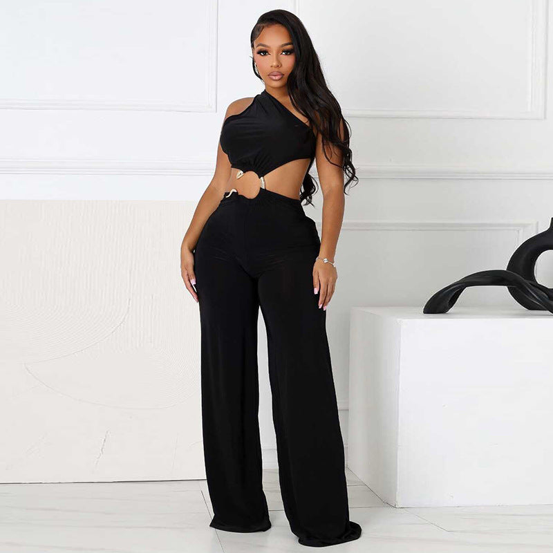 Lace-Up Hollow-Out Diagonal Neck Jumpsuit with Pleated Stitch Detail