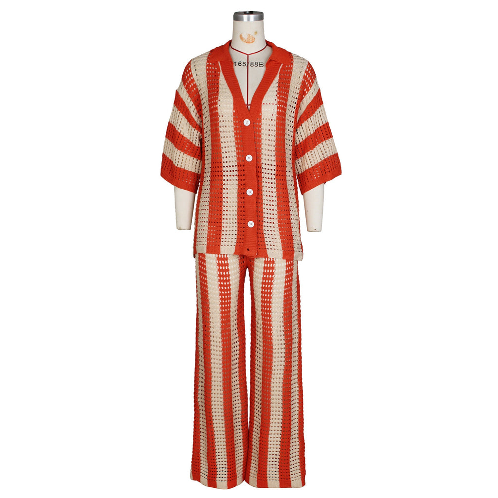 Women's Sexy V-neck Hollow Striped Lapel Knitted Width Blouse And Pants