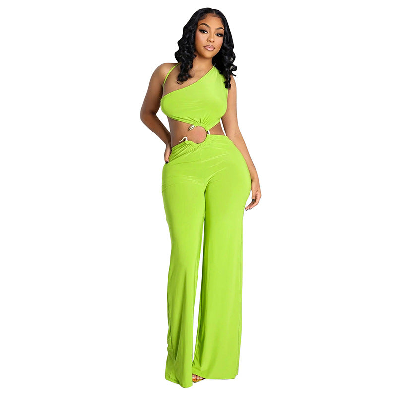 Lace-Up Hollow-Out Diagonal Neck Jumpsuit with Pleated Stitch Detail