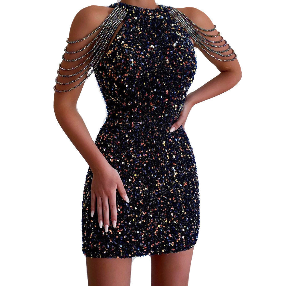Sexy fashion halter off-the-shoulder fringe wrap hip crystal splicing sequin dress