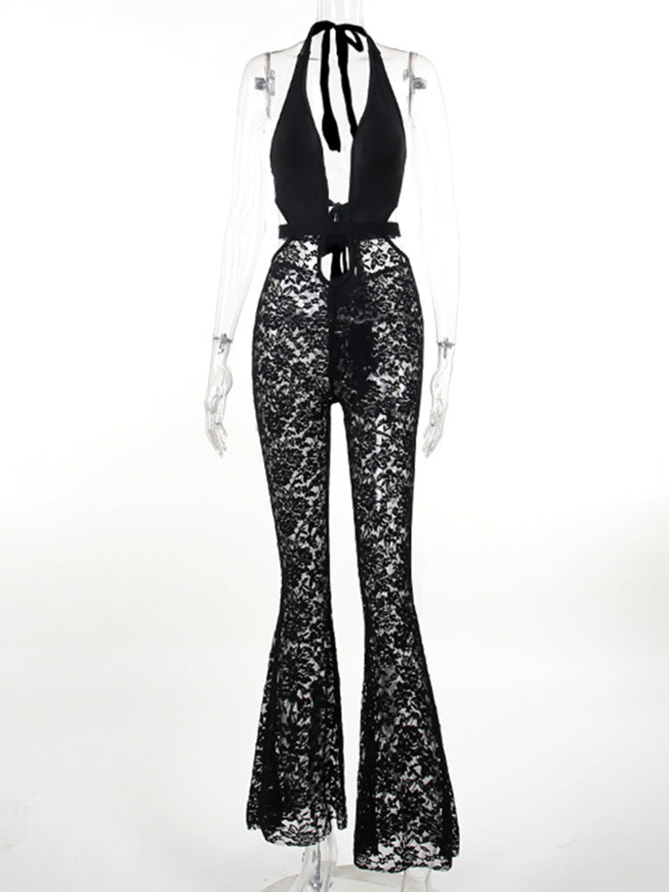 Women's halter sexy Spice cutout lace slim-fit flared jumpsuit pants