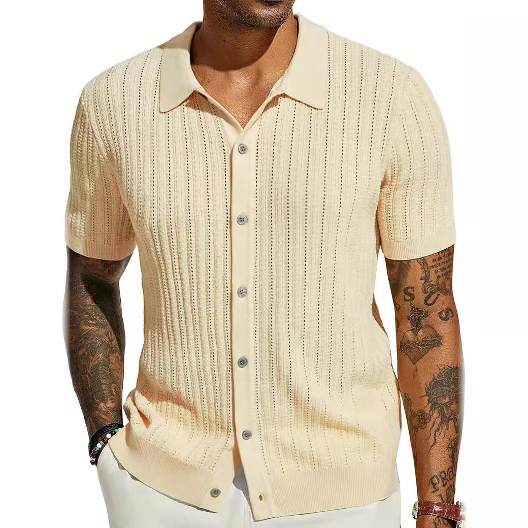 Summer Cool Knitted Men's Shirt Short Sleeved Lapel Solid Color