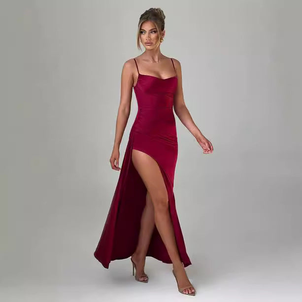 New solid color sexy waist slit halter thin summer dress