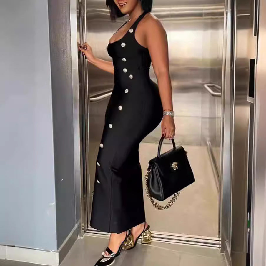 Button Slim Fit Tied High Waist Sexy Socialite Bandage Suspender Dress