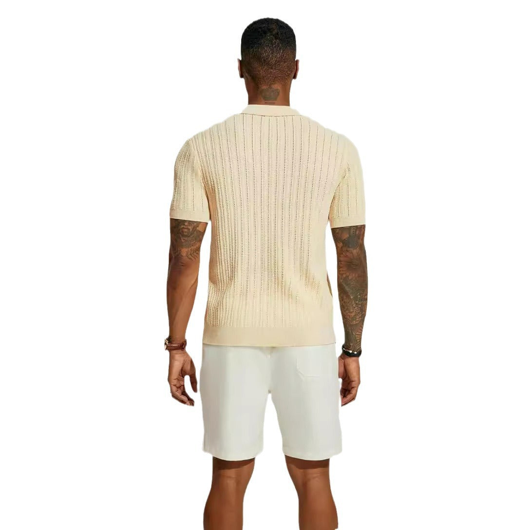 Summer Cool Knitted Men's Shirt Short Sleeved Lapel Solid Color