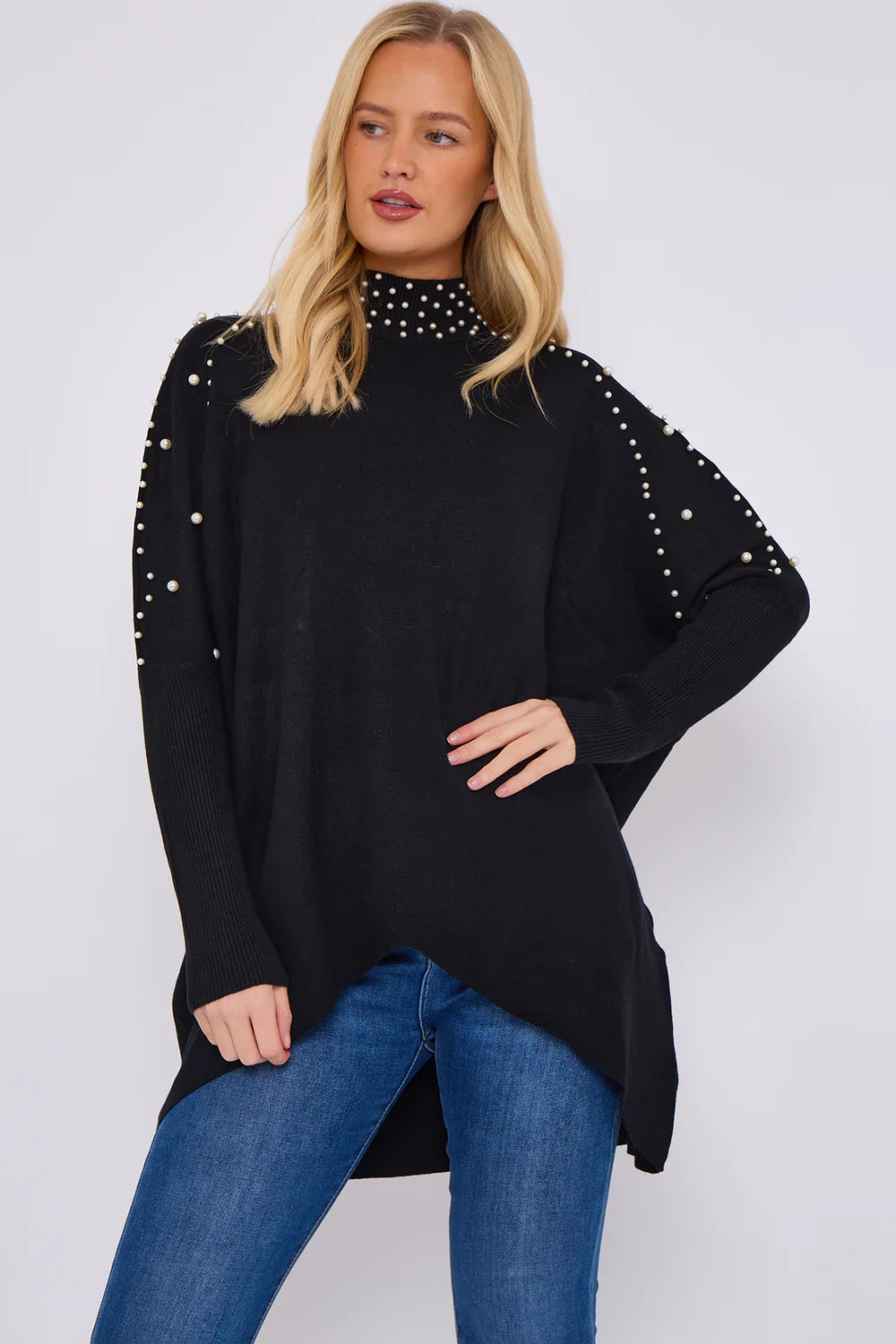 Pearl Embellished Highneck Jumper – One Size UK 8–18