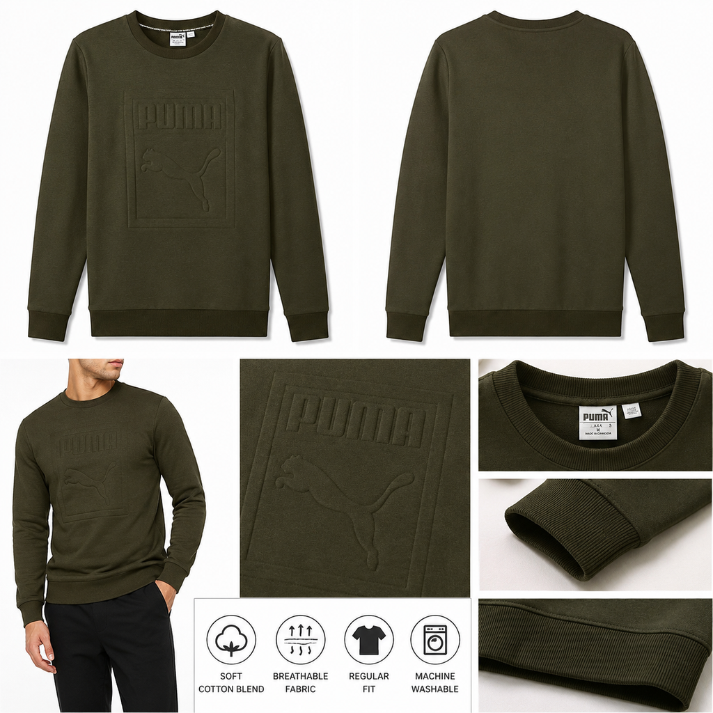 Puma Mens Archive Embossed Logo Crew Sweatshirt Olive Night 573306