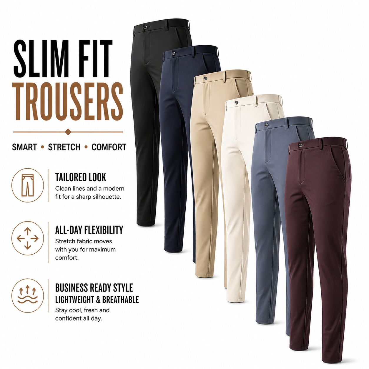 Mens Slim Fit Formal Trousers Stretch Smart Business Suit Pants