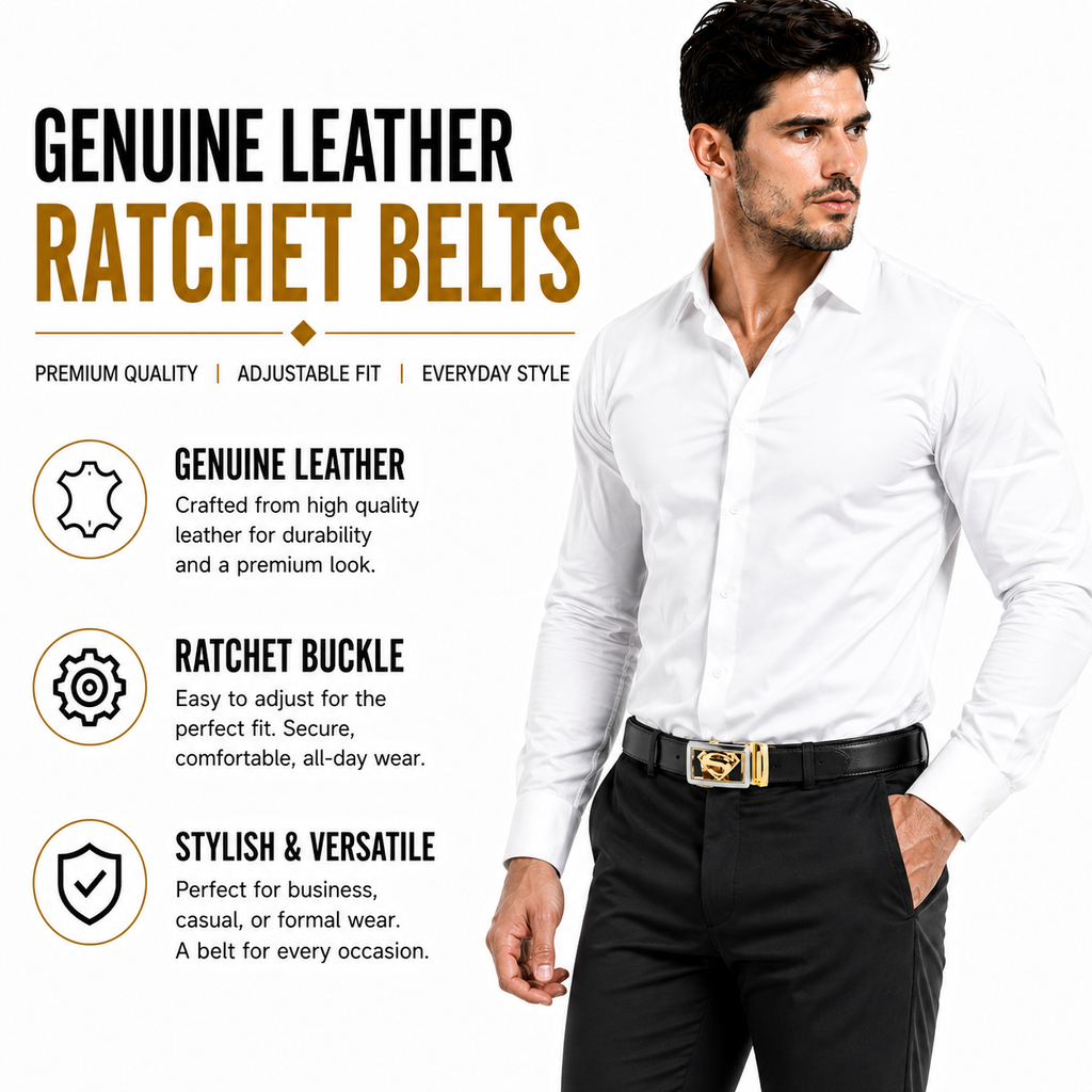 Mens Ratchet Belt Automatic Buckle Leather Adjustable Dress Belt Gift Box Q07