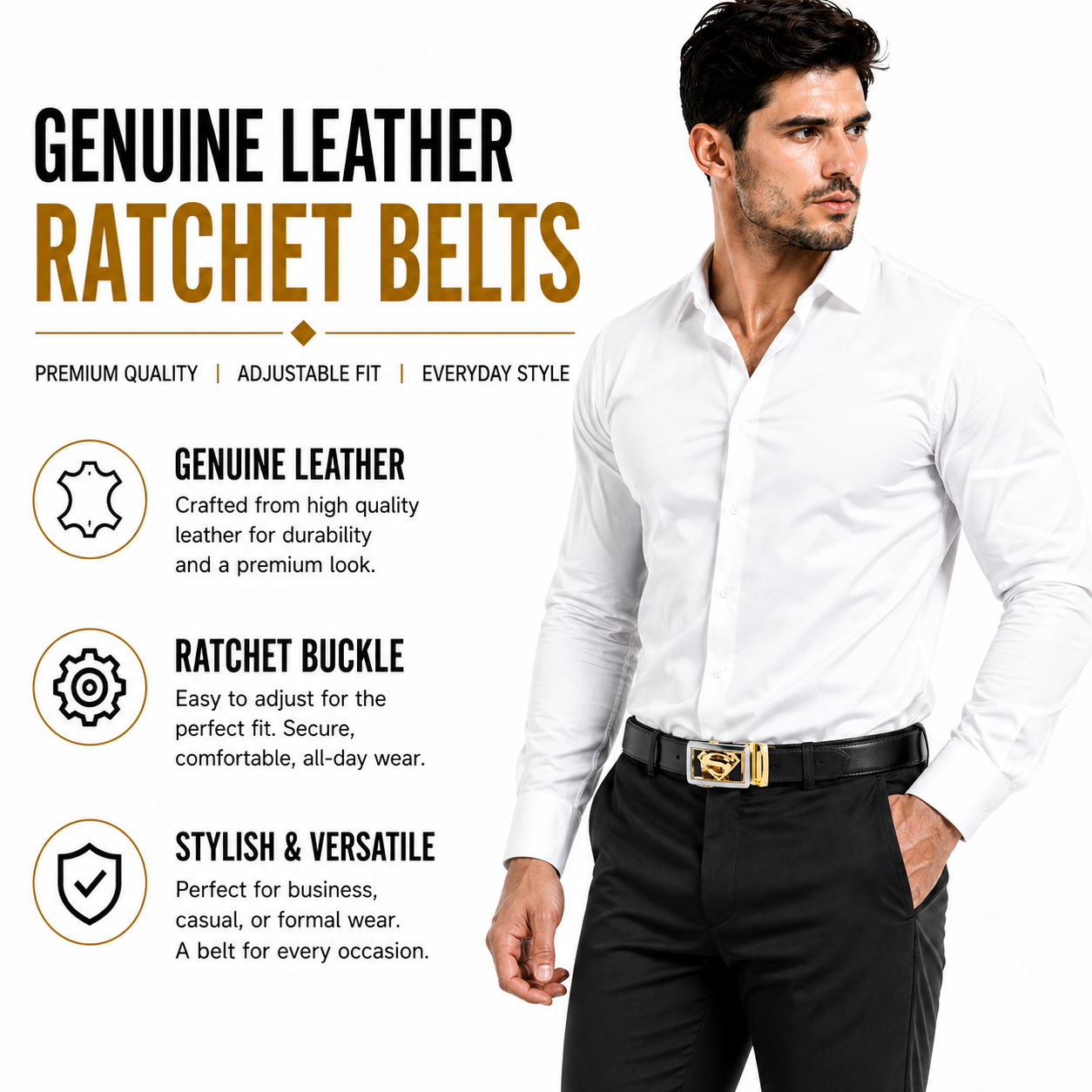 QHA Men's Ratchet Leather Belt – 35mm, Automatic Buckle, No Holes, 5 Colours Q07
