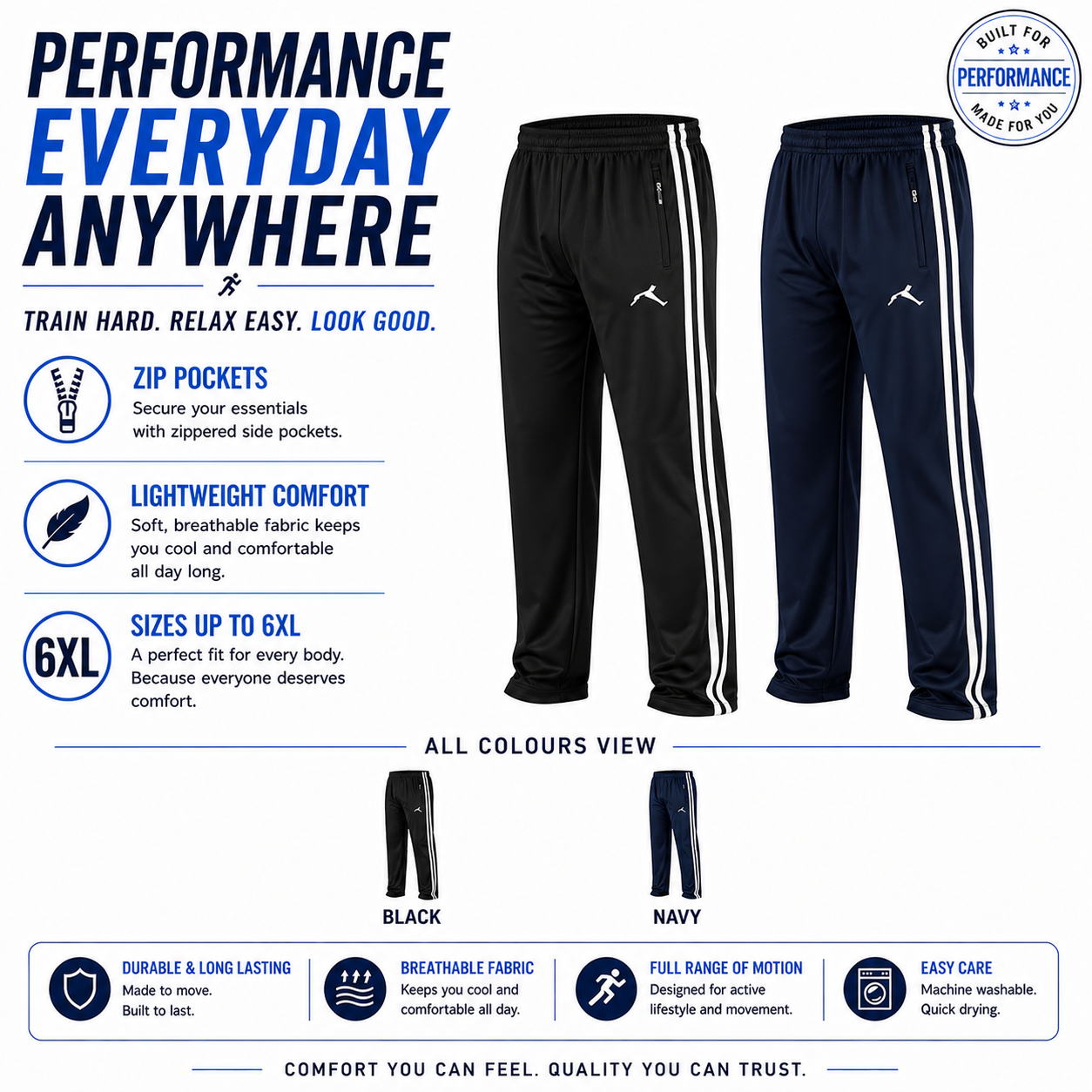Mens Tracksuit Bottoms Joggers Zip Pocket Lightweight Gym Pants 6XL