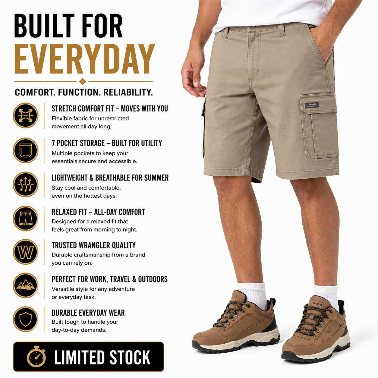 Wrangler Mens Cargo Shorts Stretch Relaxed Fit Work Casual Khaki