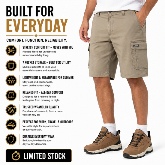 Wrangler Mens Cargo Shorts Stretch Relaxed Fit Work Casual Khaki - QHA UK