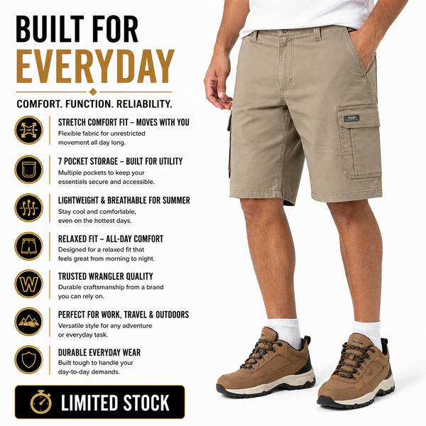 Wrangler Mens Cargo Shorts Stretch Relaxed Fit Work Casual Khaki - QHA UK