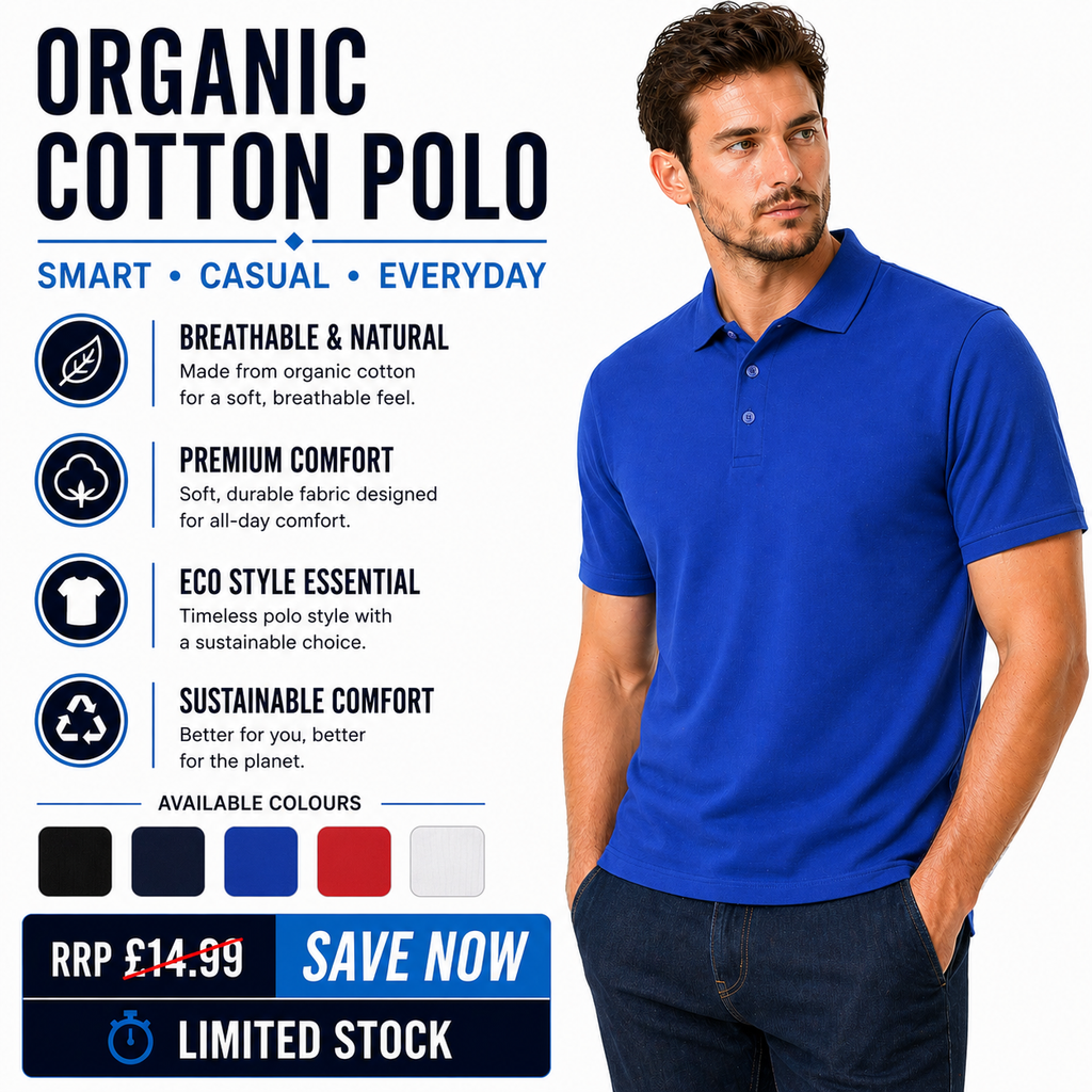 Eco Spirit Mens Organic Cotton Polo Shirt Pique Short Sleeve Casual Work Top