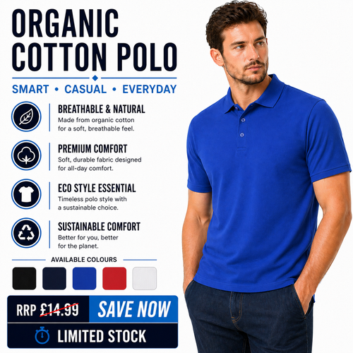 Eco Spirit Mens Organic Cotton Polo Shirt Pique Short Sleeve Casual Work Top - QHA UK