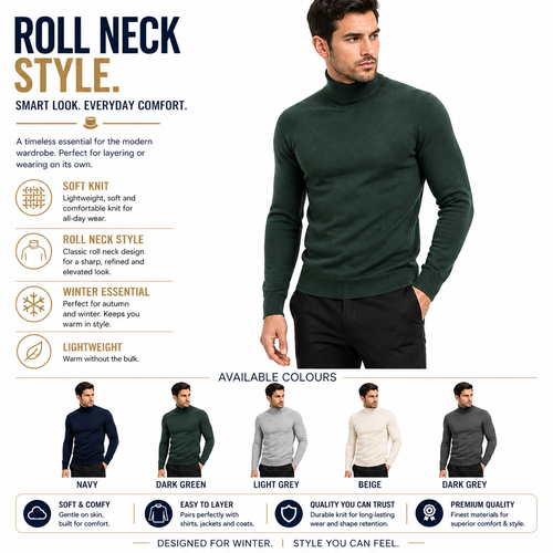 City Comfort Mens Turtle Roll Neck Jumper Lightweight Knit Sweater Casual Top - QHA UK
