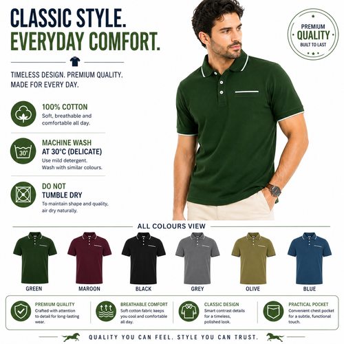 Evryone Mens Cotton Polo Shirt Contrast Tipped Short Sleeve Smart Casual Top - QHA UK