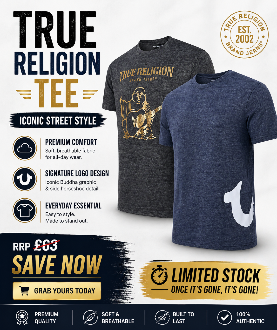 True Religion Authentic Mens T-Shirt Cotton Crew Neck Logo Print Casual Tee