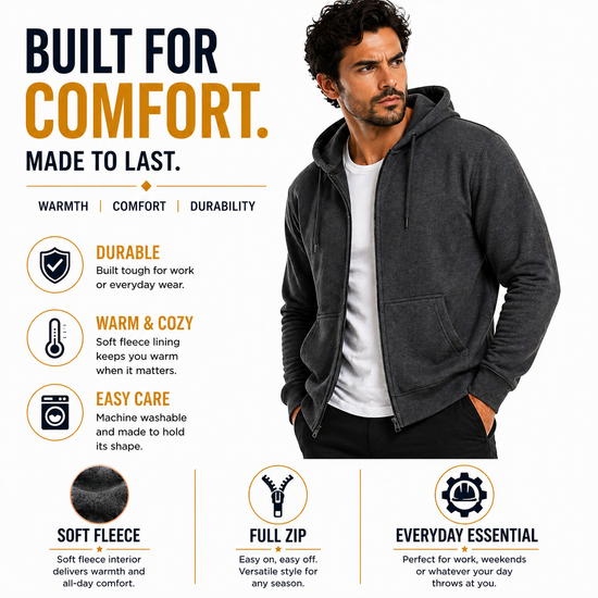 Mens Full Zip Hoodie Fleece Sweatshirt Jacket Casual Hooded Top - QHA UK