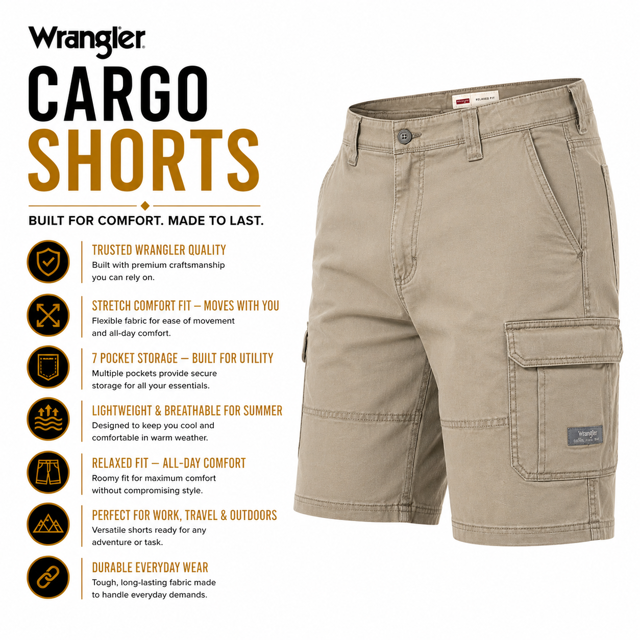 Wrangler Mens Cargo Shorts Stretch Relaxed Fit Work Casual Khaki