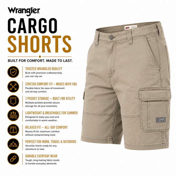 Wrangler Mens Cargo Shorts Stretch Relaxed Fit Work Casual Khaki - QHA UK