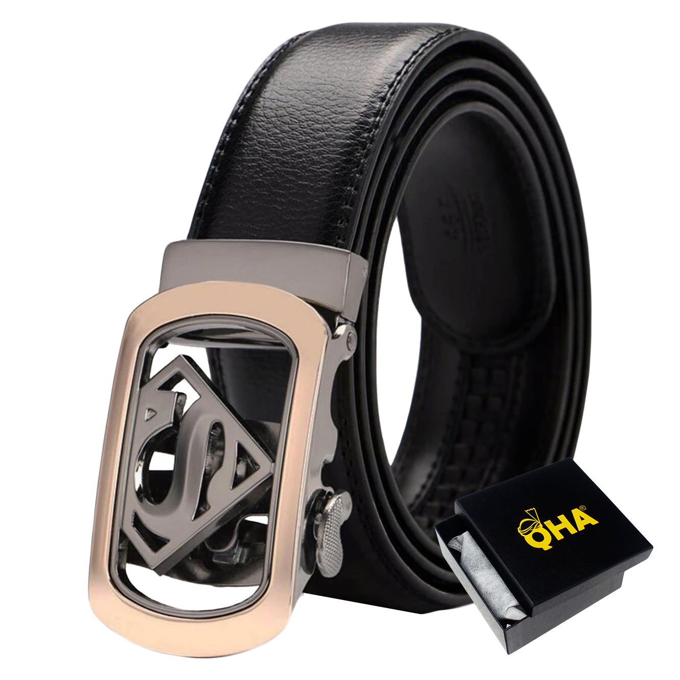 QHA Mens Ratchet Leather Belt Superhero Automatic Buckle 35mm Wide in Gift Box BX07