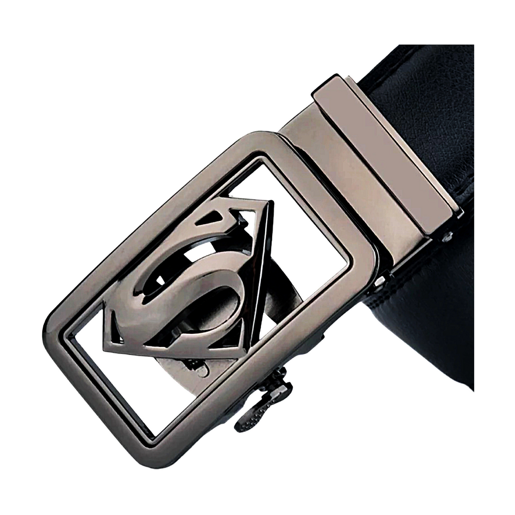 QHA Mens Superman Ratchet Leather Belt Superhero Automatic Sliding Buckle Q07