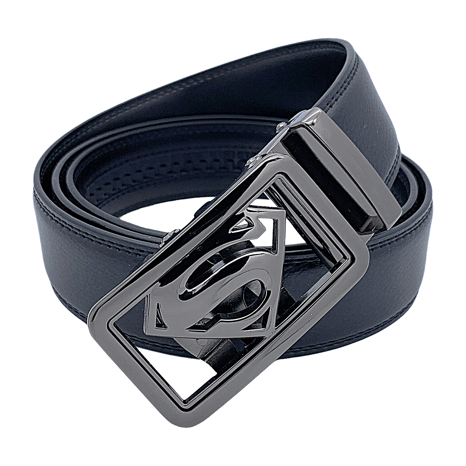 QHA Mens Superman Ratchet Leather Belt Superhero Automatic Sliding Buckle Q07