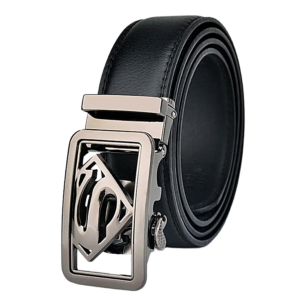 QHA Mens Superman Ratchet Leather Belt Superhero Automatic Sliding Buckle Q07