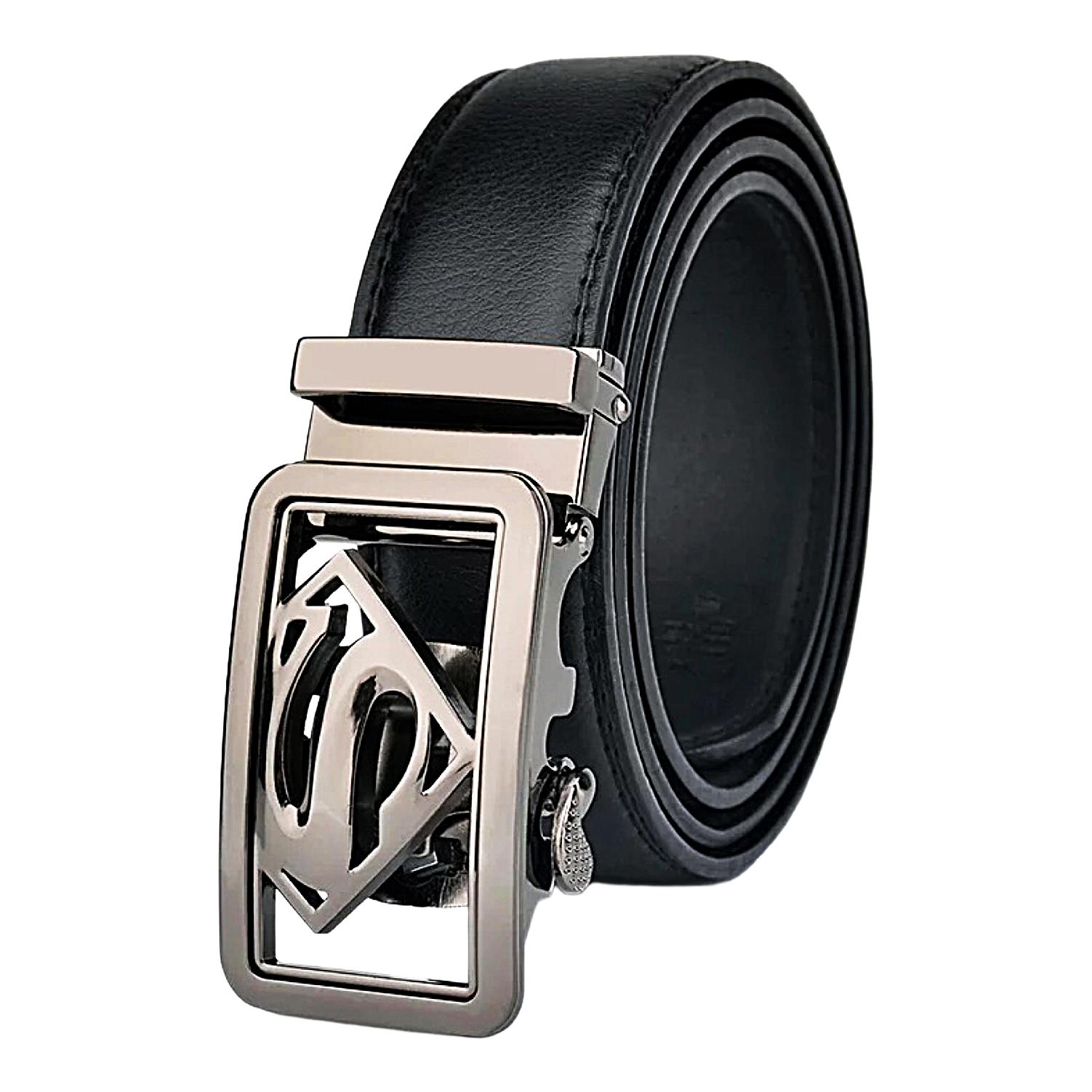 QHA Mens Superman Ratchet Leather Belt Superhero Automatic Sliding Buckle Q07
