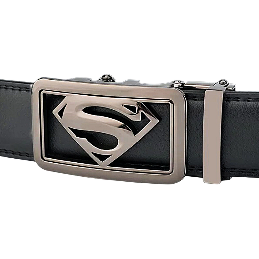 QHA Mens Superman Ratchet Leather Belt Superhero Automatic Sliding Buckle Q07