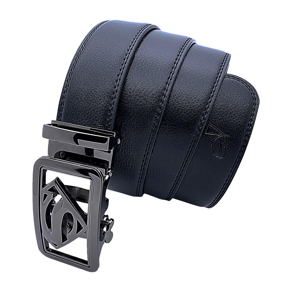 QHA Mens Superman Ratchet Leather Belt Superhero Automatic Sliding Buckle Q07