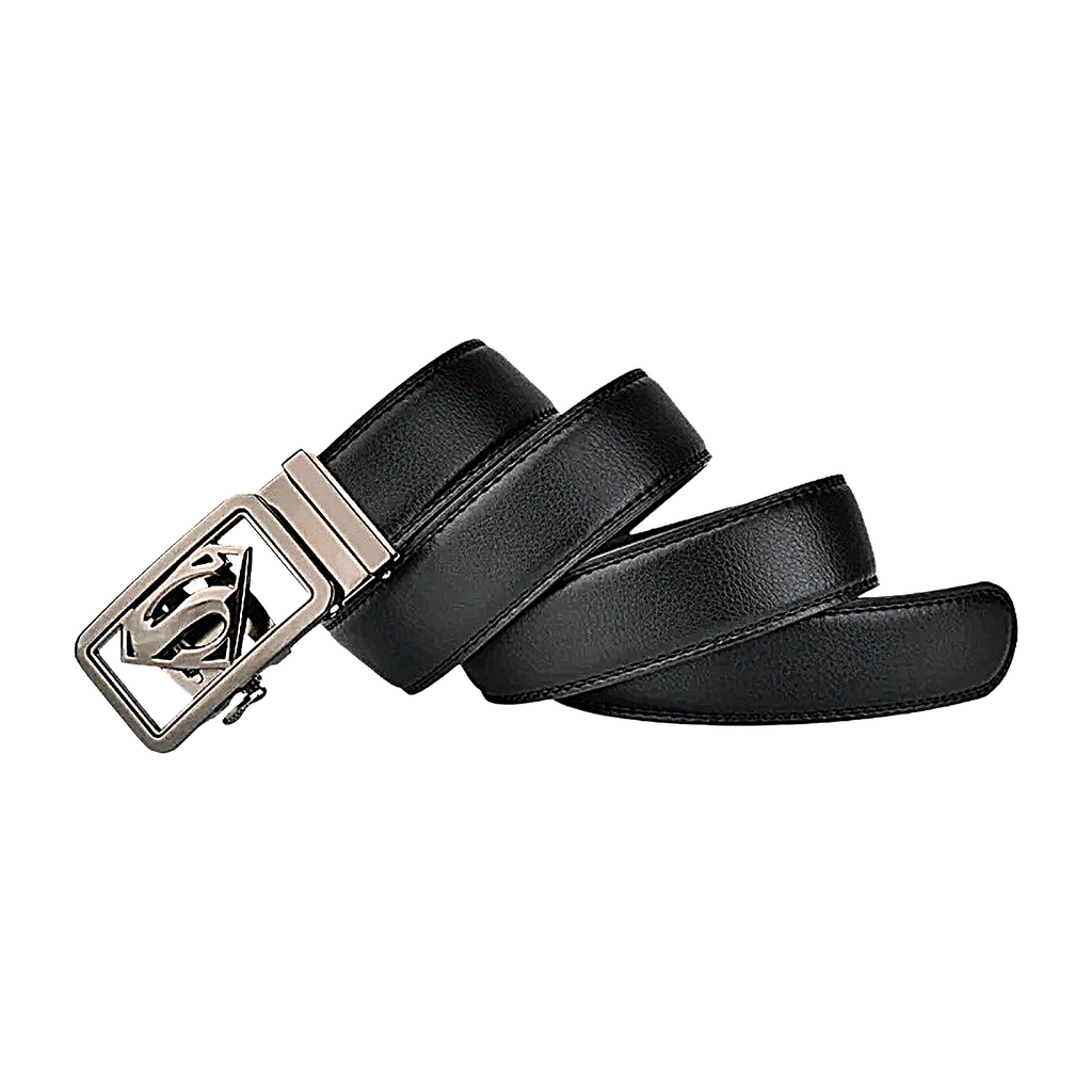 QHA Mens Superman Ratchet Leather Belt Superhero Automatic Sliding Buckle Q07