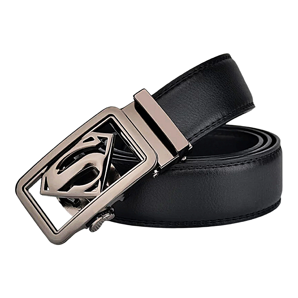 QHA Mens Superman Ratchet Leather Belt Superhero Automatic Sliding Buckle Q07