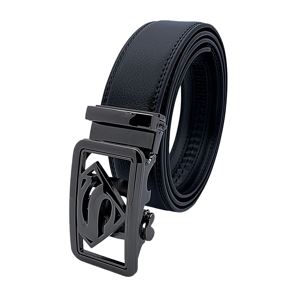 QHA Mens Superman Ratchet Leather Belt Superhero Automatic Sliding Buckle Q07