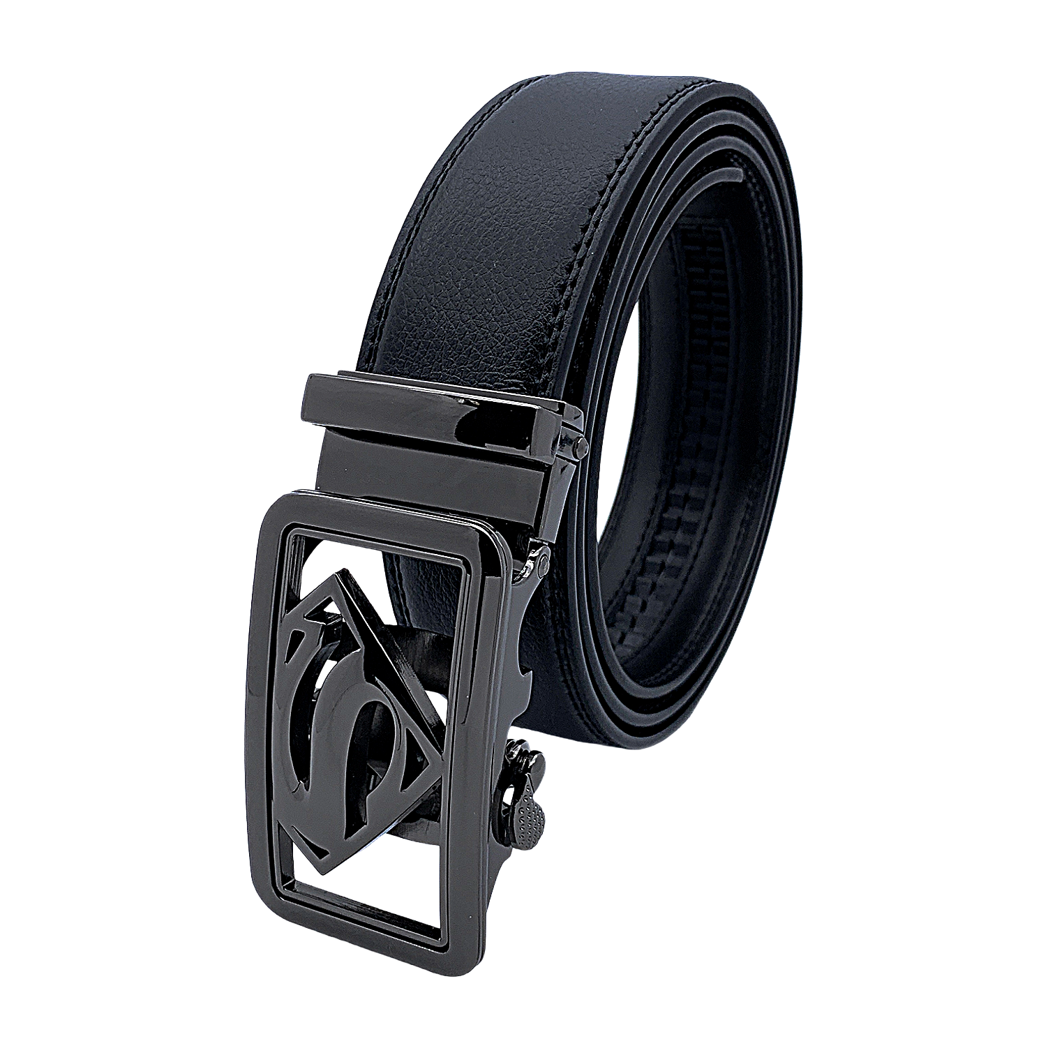 QHA Mens Superman Ratchet Leather Belt Superhero Automatic Sliding Buckle Q07