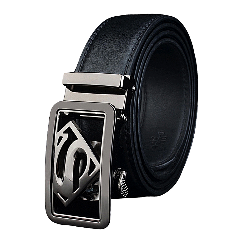 QHA Mens Superman Ratchet Leather Belt Superhero Automatic Sliding Buckle Q07