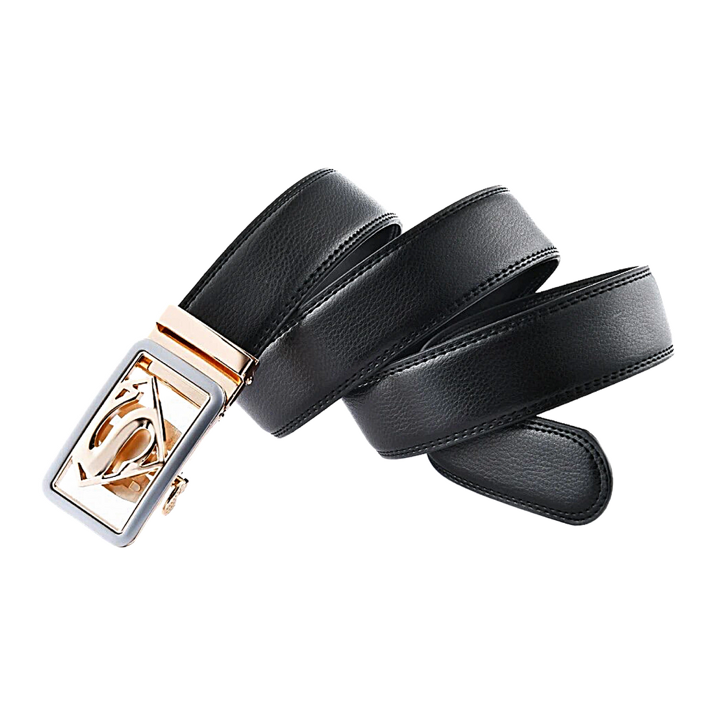 QHA Mens Superman Ratchet Leather Belt Superhero Automatic Sliding Buckle Q07