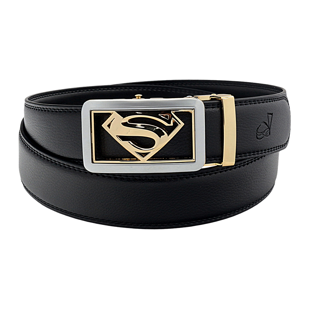 QHA Mens Superman Ratchet Leather Belt Superhero Automatic Sliding Buckle Q07