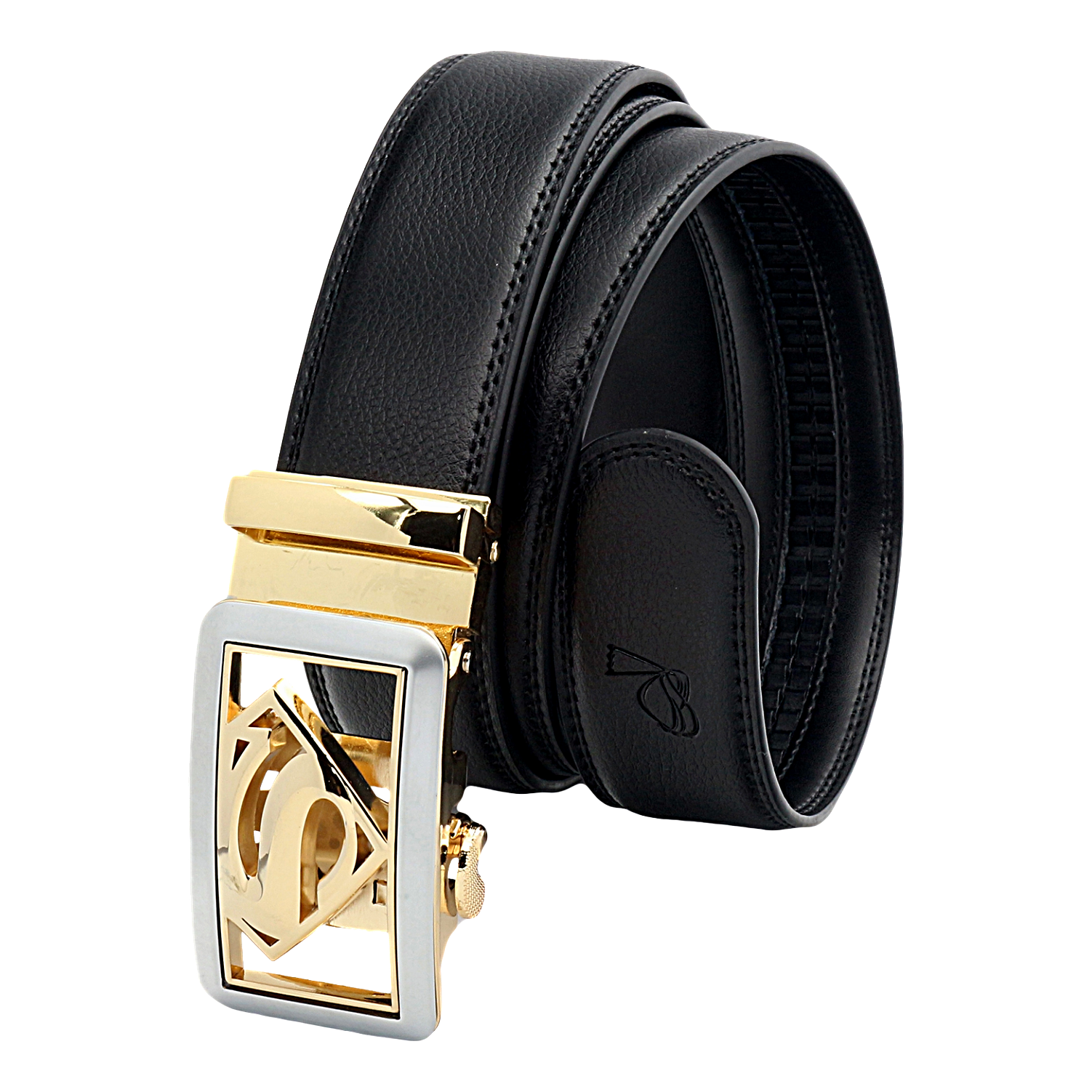 QHA Mens Superman Ratchet Leather Belt Superhero Automatic Sliding Buckle Q07