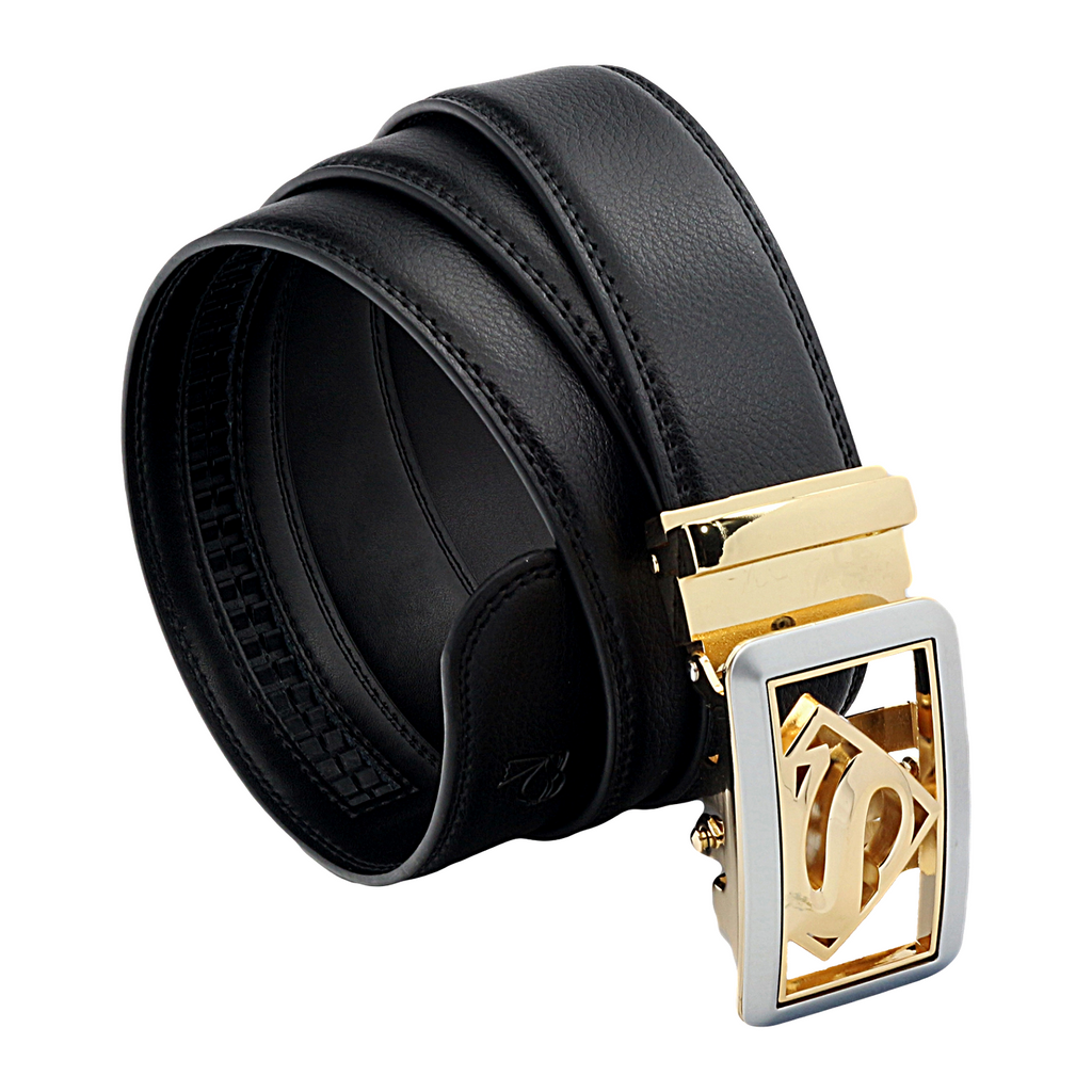 QHA Mens Superman Ratchet Leather Belt Superhero Automatic Sliding Buckle Q07