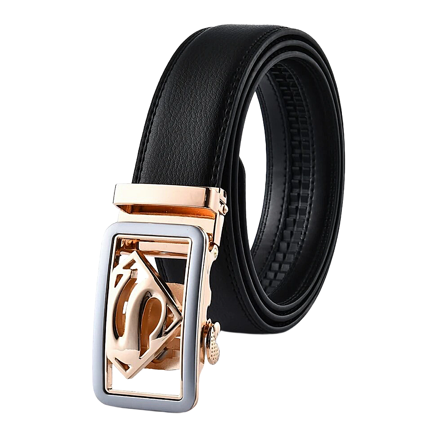 QHA Mens Superman Ratchet Leather Belt Superhero Automatic Sliding Buckle Q07
