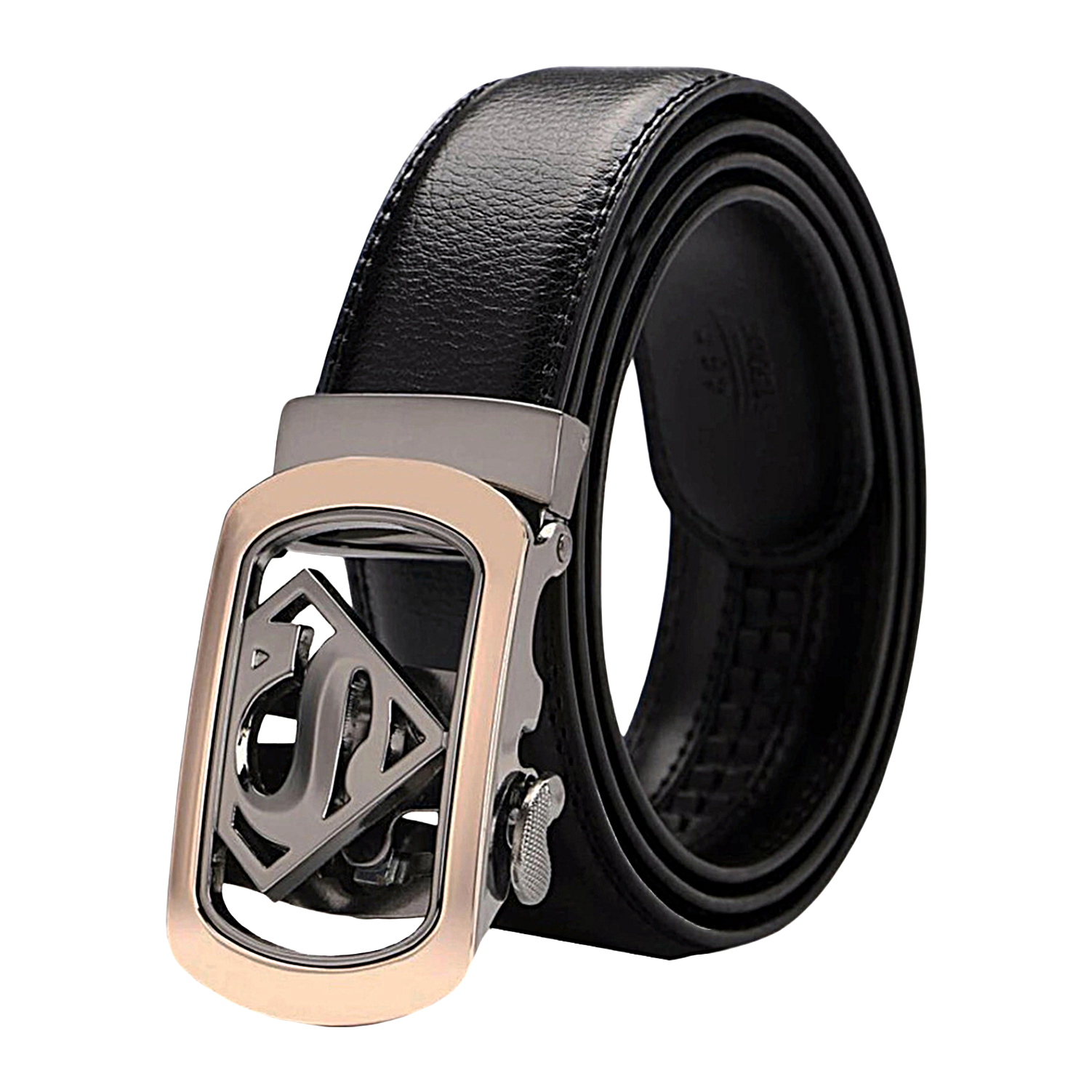 QHA Mens Superman Ratchet Leather Belt Superhero Automatic Sliding Buckle Q07