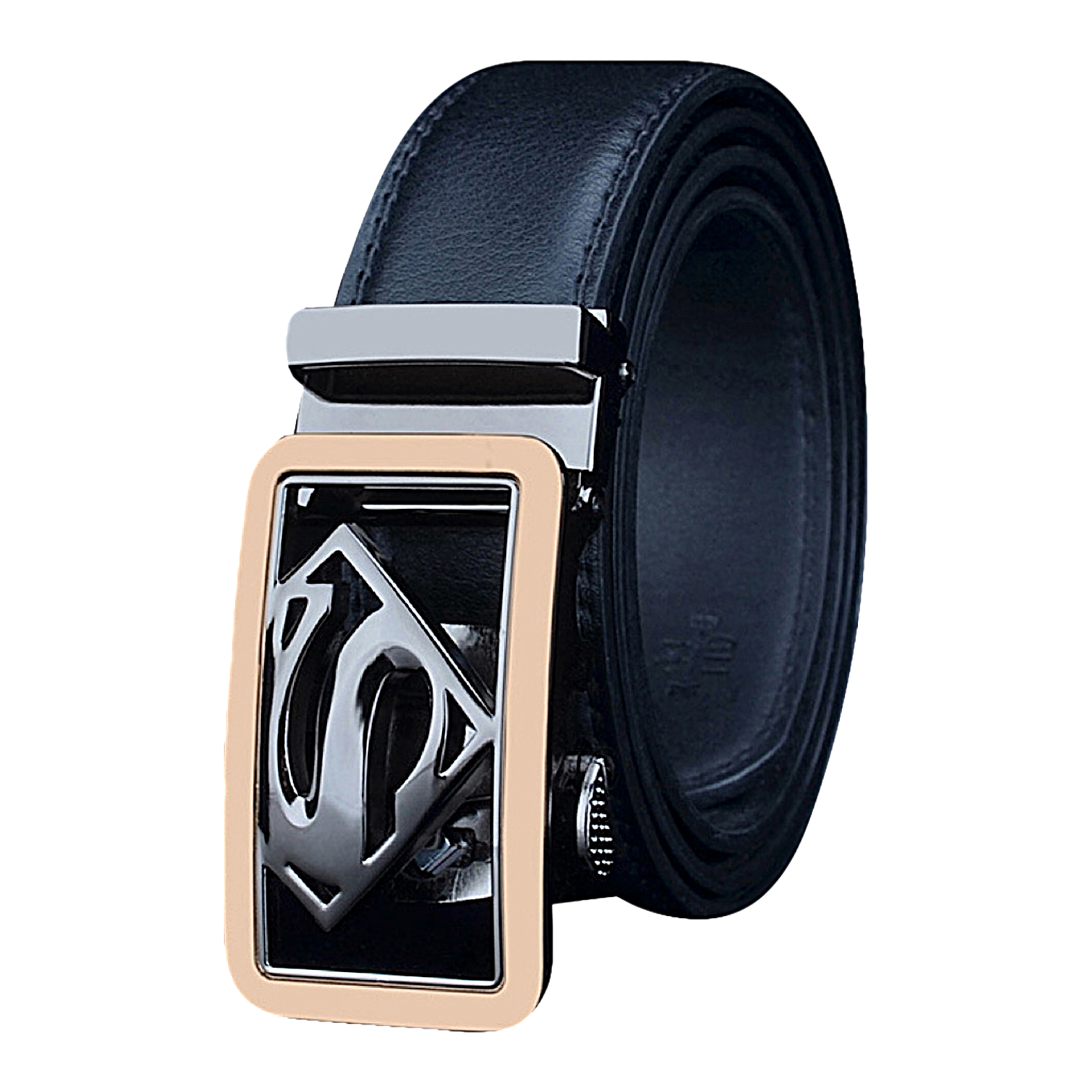 QHA Mens Superman Ratchet Leather Belt Superhero Automatic Sliding Buckle Q07